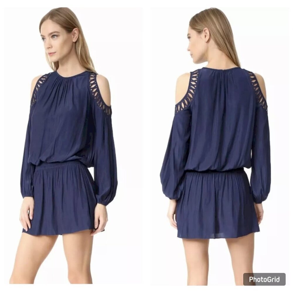 RAMY BROOK XS Navy Satin Cold Shoulder Mini Dress NWT